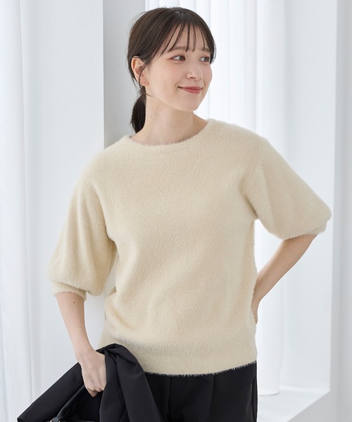 Honeys（ハニーズ）の「半袖シャギーニット（ニット/セーター・レディース・ブラウン/アイボリー/グレー/オリーブ/ピンク系・L/M）」の2枚目の写真