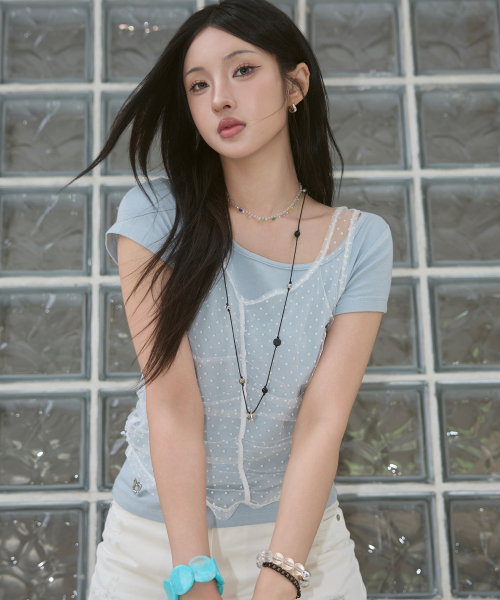 LMR(エルエムアール)の「ツーウェイレースシャーリングレイヤード半袖Tシャツ スカイブルー / ホワイト(Tシャツ/カットソー・レディース・スカイブルー・FREE)」の1枚目の写真