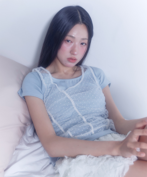 LMR(エルエムアール)の「ツーウェイレースシャーリングレイヤード半袖Tシャツ スカイブルー / ホワイト(Tシャツ/カットソー・レディース・スカイブルー・FREE)」の2枚目の写真