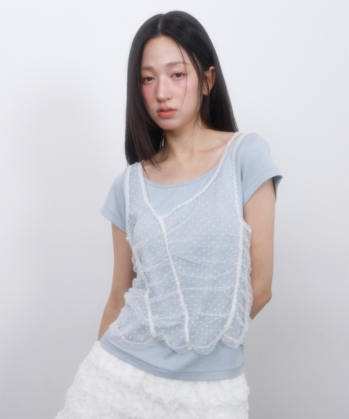 LMR(エルエムアール)の「ツーウェイレースシャーリングレイヤード半袖Tシャツ スカイブルー / ホワイト(Tシャツ/カットソー・レディース・スカイブルー・FREE)」の4枚目の写真