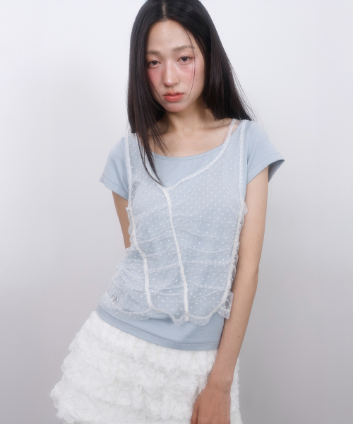 LMR(エルエムアール)の「ツーウェイレースシャーリングレイヤード半袖Tシャツ スカイブルー / ホワイト(Tシャツ/カットソー・レディース・スカイブルー・FREE)」の5枚目の写真