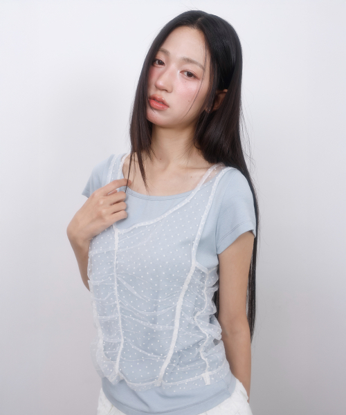 LMR(エルエムアール)の「ツーウェイレースシャーリングレイヤード半袖Tシャツ スカイブルー / ホワイト(Tシャツ/カットソー・レディース・スカイブルー・FREE)」の6枚目の写真