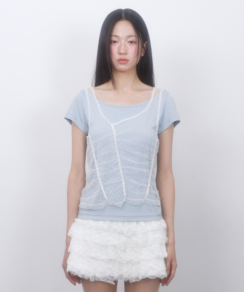 LMR(エルエムアール)の「ツーウェイレースシャーリングレイヤード半袖Tシャツ スカイブルー / ホワイト(Tシャツ/カットソー・レディース・スカイブルー・FREE)」の7枚目の写真