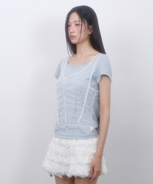 LMR(エルエムアール)の「ツーウェイレースシャーリングレイヤード半袖Tシャツ スカイブルー / ホワイト(Tシャツ/カットソー・レディース・スカイブルー・FREE)」の8枚目の写真
