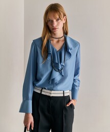 シルキーシフォン Vネックフリルカラーブラウス
