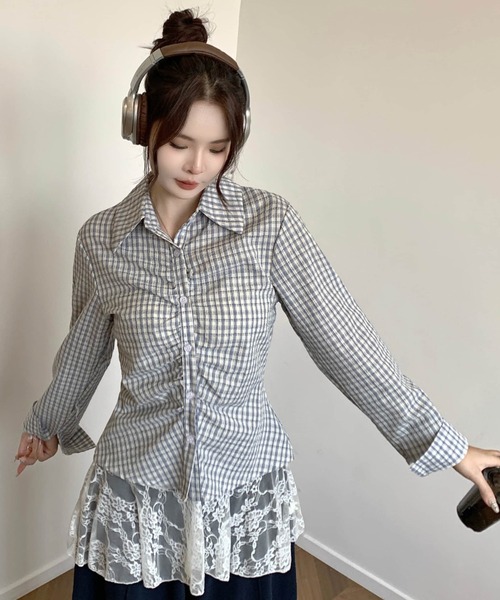Sibra(シブラ)の「韓国風フロントシャーリングチェック柄長袖シャツ(シャツ/ブラウス・レディース・ブルー/サックスブルー/ブラック・M)」の3枚目の写真