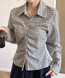 韓国風フロントシャーリングチェック柄長袖シャツ