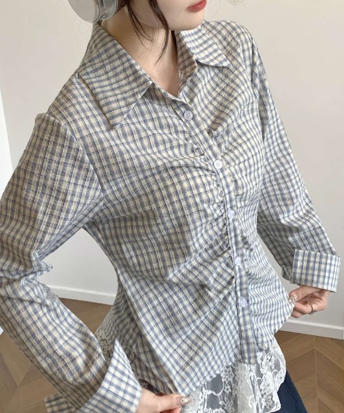 Sibra(シブラ)の「韓国風フロントシャーリングチェック柄長袖シャツ(シャツ/ブラウス・レディース・ブルー/サックスブルー/ブラック・M)」の11枚目の写真