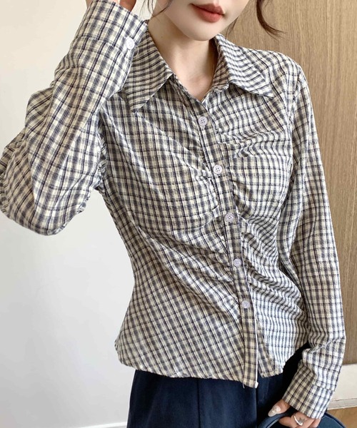 Sibra(シブラ)の「韓国風フロントシャーリングチェック柄長袖シャツ(シャツ/ブラウス・レディース・ブルー/サックスブルー/ブラック・M)」の15枚目の写真