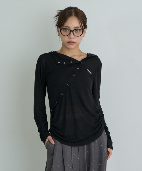 RAY CASSIN（レイカズン）の「ヘンリーネックフードTシャツ / ロンT（Tシャツ/カットソー・レディース・ホワイト/カーキ/グレー/ブラック・FREE）」の2枚目の写真