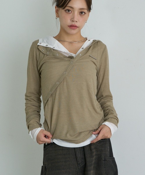 RAY CASSIN（レイカズン）の「ヘンリーネックフードTシャツ / ロンT（Tシャツ/カットソー・レディース・ホワイト/カーキ/グレー/ブラック・FREE）」の8枚目の写真