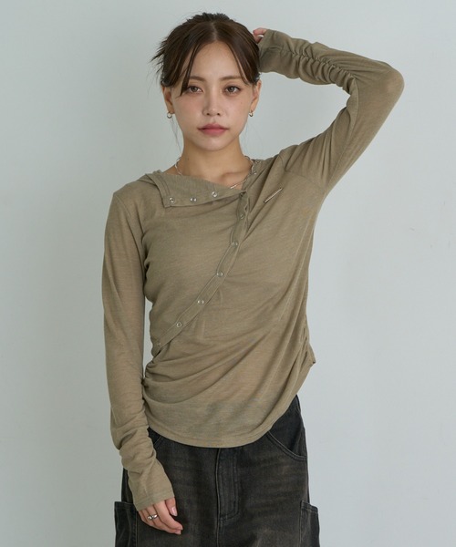 RAY CASSIN（レイカズン）の「ヘンリーネックフードTシャツ / ロンT（Tシャツ/カットソー・レディース・ホワイト/カーキ/グレー/ブラック・FREE）」の17枚目の写真