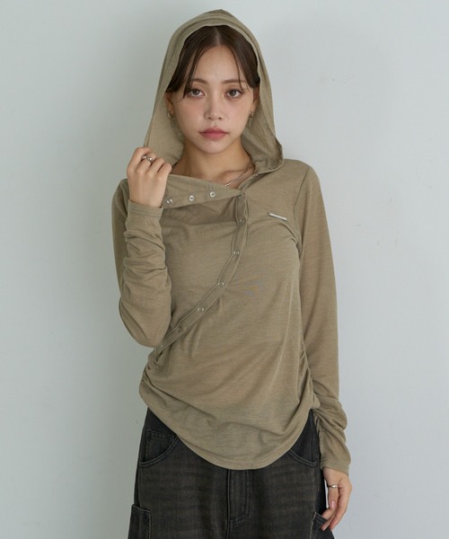 RAY CASSIN（レイカズン）の「ヘンリーネックフードTシャツ / ロンT（Tシャツ/カットソー・レディース・ホワイト/カーキ/グレー/ブラック・FREE）」の15枚目の写真