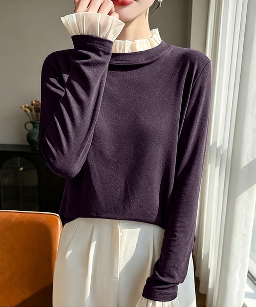 Doux Belle(ドゥーベル)の「フリルネック×レイヤード風長袖カットソー(Tシャツ/カットソー・レディース・ホワイト/グレー/プラム/ブラック/ネイビー・MEDIUM/LARGE/X-LARGE)」の6枚目の写真