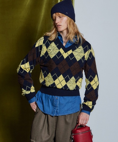 MAISON SPECIAL(メゾンスペシャル)の「【26WINTER PRE-ORDER】Drop-Stitch Argyle Knit/針抜きアーガイルニット(ニット/セーター・レディース・ダークグリーン/ネイビー/グレー・FREE)」の5枚目の写真