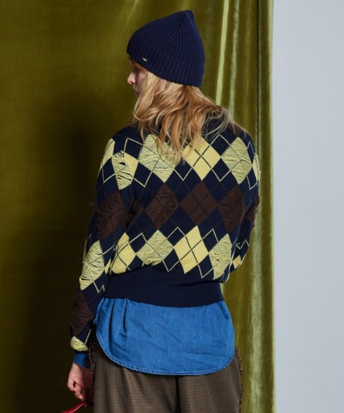 MAISON SPECIAL(メゾンスペシャル)の「【26WINTER PRE-ORDER】Drop-Stitch Argyle Knit/針抜きアーガイルニット(ニット/セーター・レディース・ダークグリーン/ネイビー/グレー・FREE)」の9枚目の写真