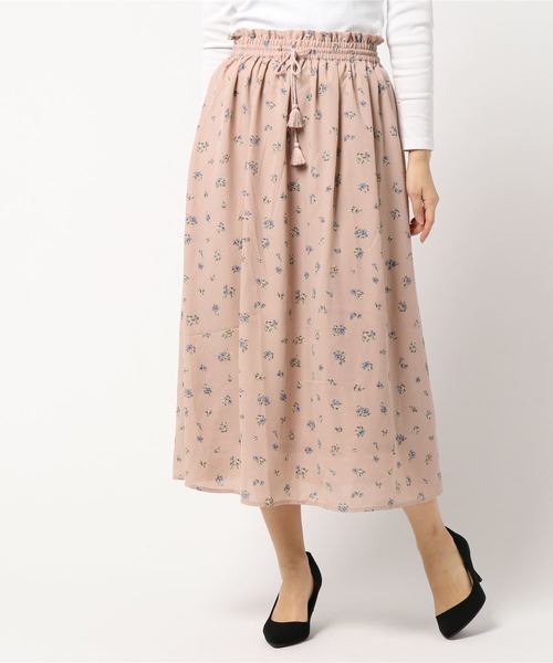 earth music&ecology（アースミュージックアンドエコロジー）の「ウエストタッセル花柄ギャザースカート ●（スカート・レディース・ブラック/ライトイエロー/ライトピンク・FREE）」の3枚目の写真