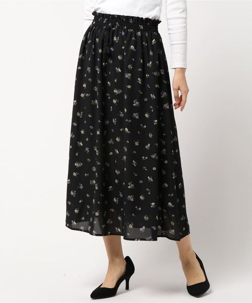 earth music&ecology（アースミュージックアンドエコロジー）の「ウエストタッセル花柄ギャザースカート ●（スカート・レディース・ブラック/ライトイエロー/ライトピンク・FREE）」の4枚目の写真