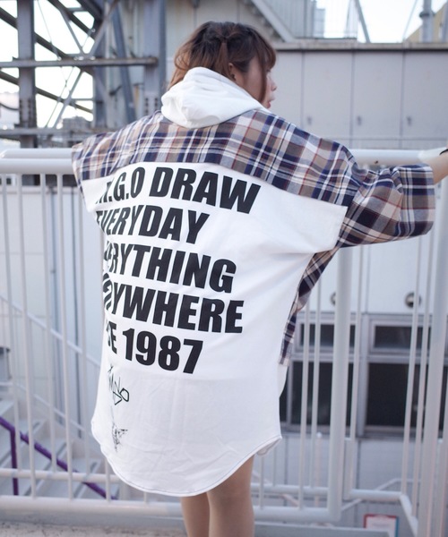 rovtski(ロフトスキー)の「【ビッグシルエット】JERZY CHECK MIX MIX HOOD SHIRT/オーバーサイズ ジャージ チェックミックス フードシャツ(シャツ/ブラウス・レディース・ホワイト×ブラック/ホワイト系その他/ホワイト×イエロー・FREE)」の1枚目の写真
