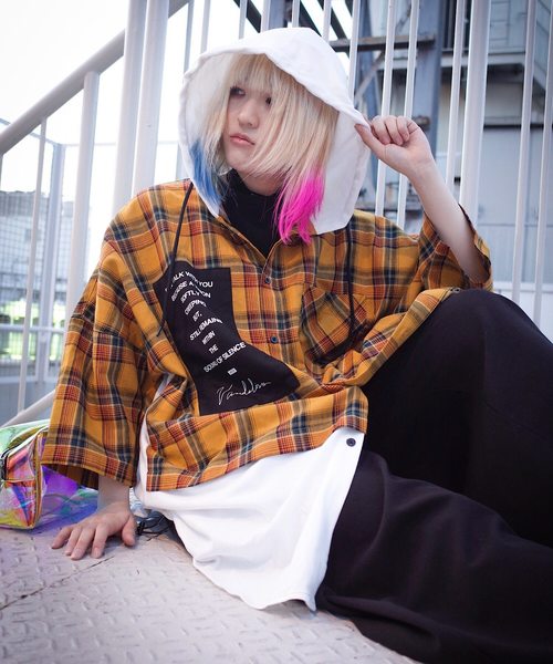 rovtski(ロフトスキー)の「【ビッグシルエット】JERZY CHECK MIX MIX HOOD SHIRT/オーバーサイズ ジャージ チェックミックス フードシャツ(シャツ/ブラウス・レディース・ホワイト×ブラック/ホワイト系その他/ホワイト×イエロー・FREE)」の3枚目の写真