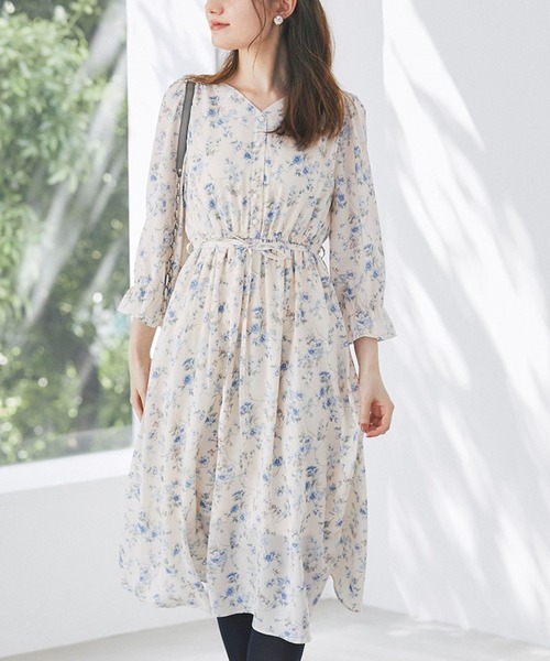Tocco Closet トッコ クローゼット の ウエストりぼん付きフラワープリントワンピース ワンピース Wear