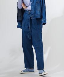 coen | USAコットンベルト付きストレートタックパンツ(デニムパンツ)