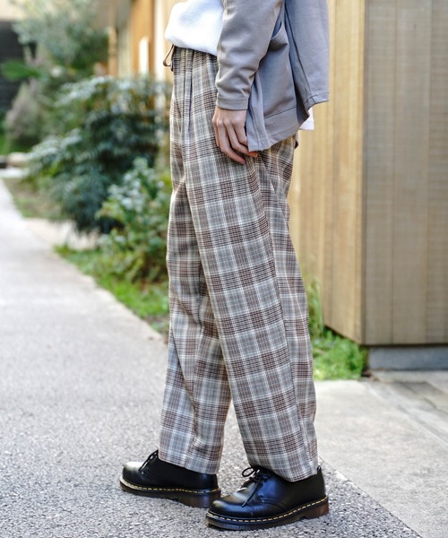 Standard Standard チェックパンツ ワイドパンツ ブルースタンダード のファッション Blue その他パンツ Blue セール Standard ウエストゴム イージーパンツ仕様 その他パンツ Blue
