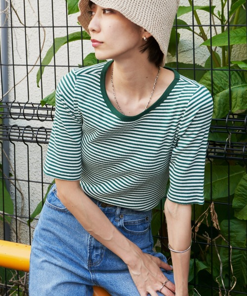 Auntie Rosa Holiday(アンティローザホリデー)の「ハーフスリーブリブボーダーCT(Tシャツ/カットソー・レディース・ブラック/ネイビー/グリーン・FREE)」の2枚目の写真