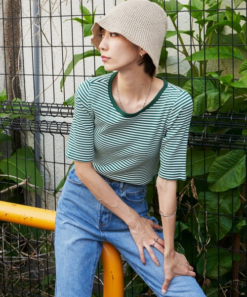 Auntie Rosa Holiday(アンティローザホリデー)の「ハーフスリーブリブボーダーCT(Tシャツ/カットソー・レディース・ブラック/ネイビー/グリーン・FREE)」の13枚目の写真