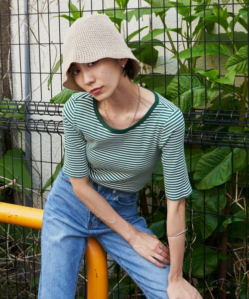 Auntie Rosa Holiday(アンティローザホリデー)の「ハーフスリーブリブボーダーCT(Tシャツ/カットソー・レディース・ブラック/ネイビー/グリーン・FREE)」の15枚目の写真