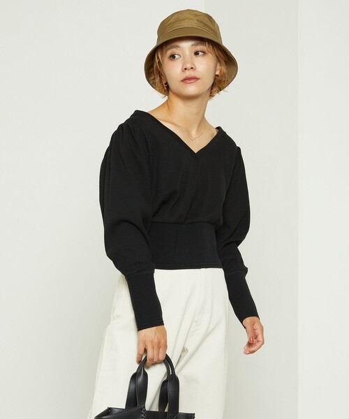 FREAK'S STORE（フリークスストア）の「Healthknit × FREAK'S STORE/フリークスストア 別注Vネックパフスリーブトップス（Tシャツ/カットソー・レディース・グリーン/ブラック/オフホワイト・ﾌﾘ-）」の22枚目の写真