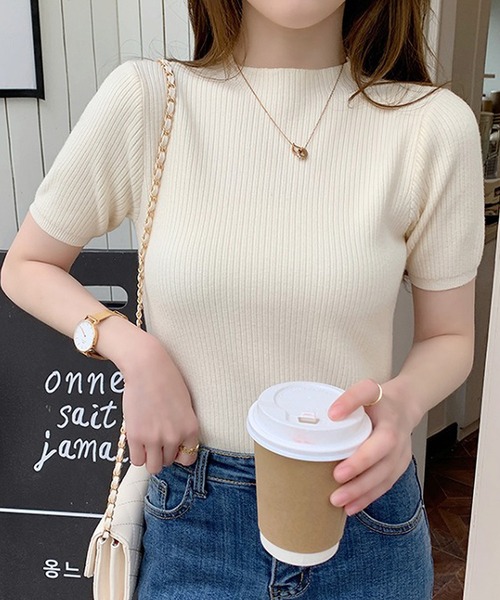 Bifrost（ビフレスト）の「リブ半袖サマーニット（Tシャツ/カットソー・レディース・ブルー/グリーン/モカ/ベージュ/ブラック・F）」の4枚目の写真