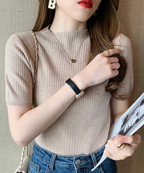 Bifrost（ビフレスト）の「リブ半袖サマーニット（Tシャツ/カットソー・レディース・ブルー/グリーン/モカ/ベージュ/ブラック・F）」の6枚目の写真