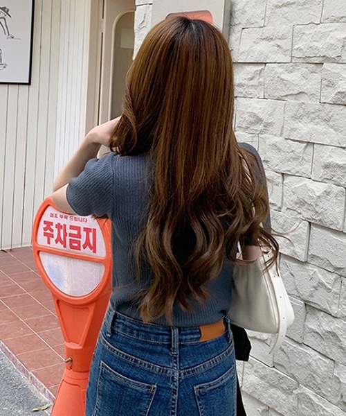 Bifrost（ビフレスト）の「リブ半袖サマーニット（Tシャツ/カットソー・レディース・ブルー/グリーン/モカ/ベージュ/ブラック・F）」の8枚目の写真