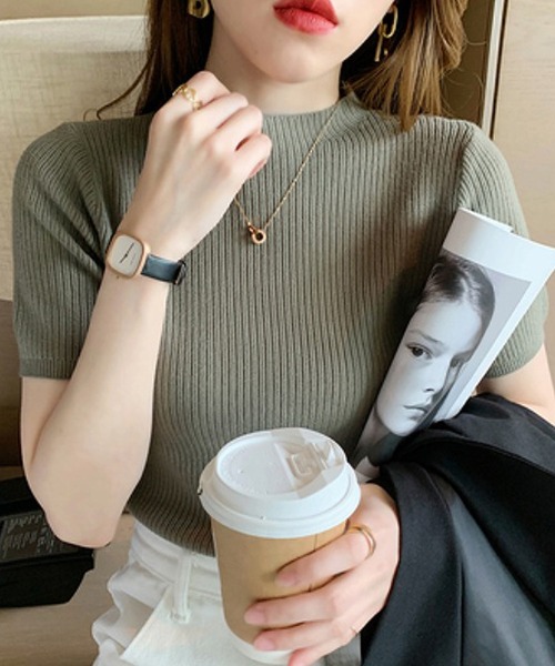 Bifrost（ビフレスト）の「リブ半袖サマーニット（Tシャツ/カットソー・レディース・ブルー/グリーン/モカ/ベージュ/ブラック・F）」の9枚目の写真