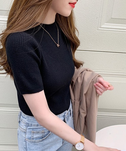 Bifrost（ビフレスト）の「リブ半袖サマーニット（Tシャツ/カットソー・レディース・ブルー/グリーン/モカ/ベージュ/ブラック・F）」の10枚目の写真