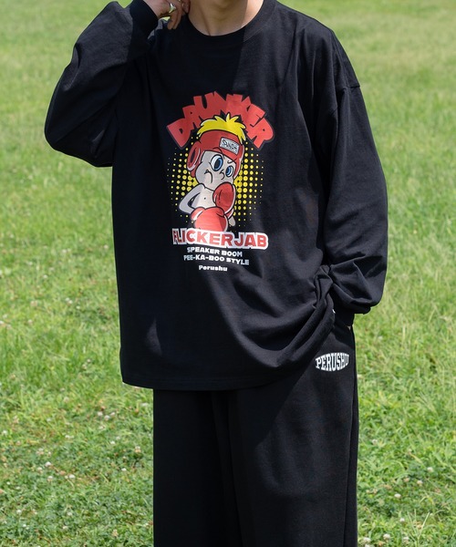 Perushu(ペルーシュ)の「【1周年記念アイテム】レトロプリントPerushuロンT(Tシャツ/カットソー・メンズ・ホワイト/ブラック系その他/ブラック/ホワイト系その他/ネイビー・LARGE/MEDIUM)」の1枚目の写真