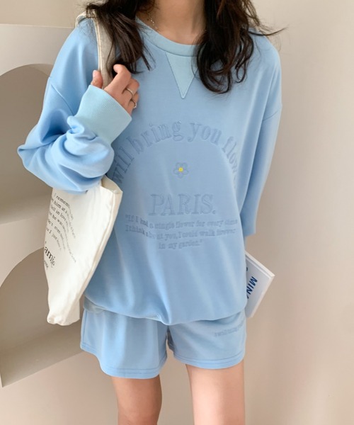 セール】オーバーサイズ刺繍スウェットトレーナー+ショートパンツ