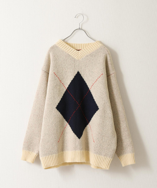 ZIP FIVE（ジップファイブ）の「【ZOZO限定】【風早ゆうた×ZIPFIVE】ビッグアーガイル Ｖネック  リラックスニット バックデザイン付き【ユニセックス】（ニット/セーター・メンズ・アイボリー/ネイビー・SMALL/LARGE/MEDIUM）」の12枚目の写真