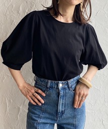綿天竺ボリューム袖ランタンスリーブショート丈半袖Tシャツ