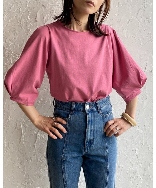 She's Closet（シーズクローゼット）の「綿天竺ボリューム袖ランタンスリーブショート丈半袖Tシャツ（Tシャツ/カットソー・レディース・グリーン/オレンジ/ピンク/ブラック/ホワイト・FREE）」の6枚目の写真