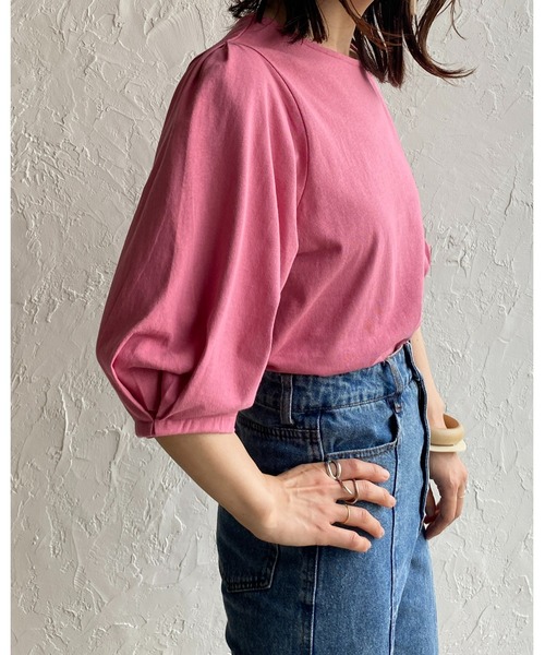 She's Closet（シーズクローゼット）の「綿天竺ボリューム袖ランタンスリーブショート丈半袖Tシャツ（Tシャツ/カットソー・レディース・グリーン/オレンジ/ピンク/ブラック/ホワイト・FREE）」の8枚目の写真