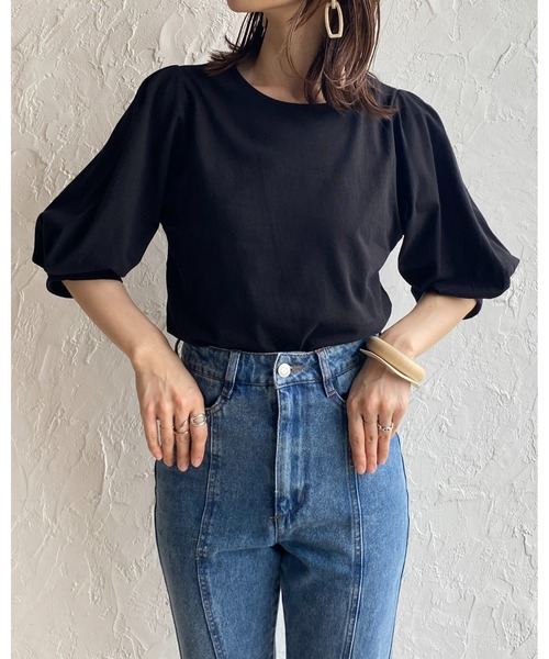 She's Closet（シーズクローゼット）の「綿天竺ボリューム袖ランタンスリーブショート丈半袖Tシャツ（Tシャツ/カットソー・レディース・グリーン/オレンジ/ピンク/ブラック/ホワイト・FREE）」の10枚目の写真