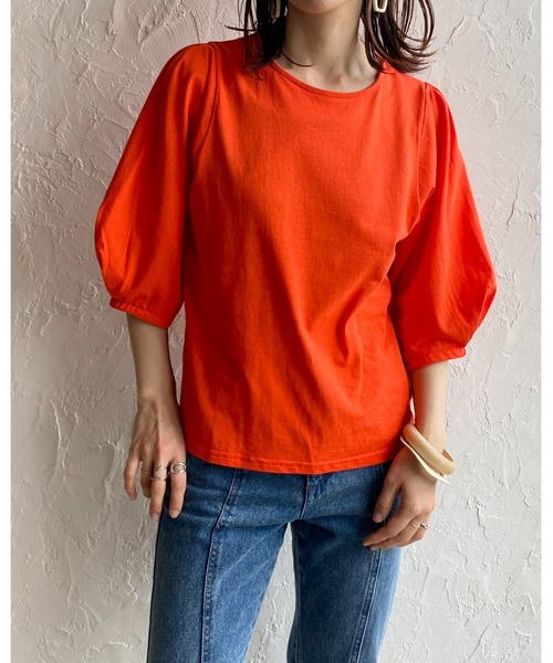 She's Closet（シーズクローゼット）の「綿天竺ボリューム袖ランタンスリーブショート丈半袖Tシャツ（Tシャツ/カットソー・レディース・グリーン/オレンジ/ピンク/ブラック/ホワイト・FREE）」の11枚目の写真