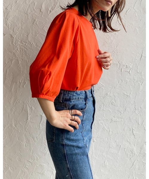 She's Closet（シーズクローゼット）の「綿天竺ボリューム袖ランタンスリーブショート丈半袖Tシャツ（Tシャツ/カットソー・レディース・グリーン/オレンジ/ピンク/ブラック/ホワイト・FREE）」の13枚目の写真