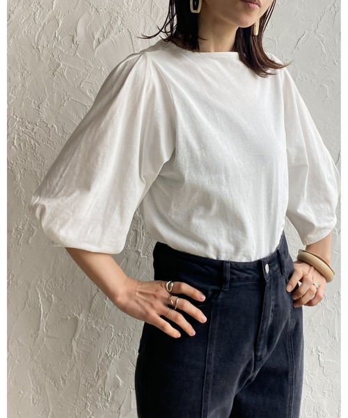 She's Closet（シーズクローゼット）の「綿天竺ボリューム袖ランタンスリーブショート丈半袖Tシャツ（Tシャツ/カットソー・レディース・グリーン/オレンジ/ピンク/ブラック/ホワイト・FREE）」の14枚目の写真