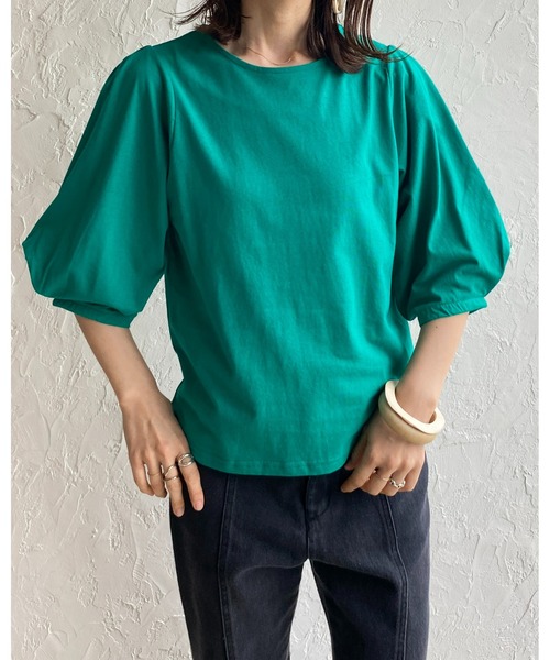 She's Closet（シーズクローゼット）の「綿天竺ボリューム袖ランタンスリーブショート丈半袖Tシャツ（Tシャツ/カットソー・レディース・グリーン/オレンジ/ピンク/ブラック/ホワイト・FREE）」の16枚目の写真