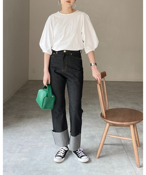 She's Closet（シーズクローゼット）の「綿天竺ボリューム袖ランタンスリーブショート丈半袖Tシャツ（Tシャツ/カットソー・レディース・グリーン/オレンジ/ピンク/ブラック/ホワイト・FREE）」の19枚目の写真