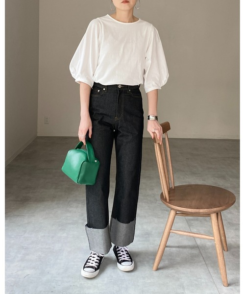 She's Closet（シーズクローゼット）の「綿天竺ボリューム袖ランタンスリーブショート丈半袖Tシャツ（Tシャツ/カットソー・レディース・グリーン/オレンジ/ピンク/ブラック/ホワイト・FREE）」の20枚目の写真