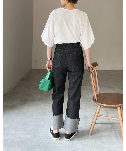 She's Closet（シーズクローゼット）の「綿天竺ボリューム袖ランタンスリーブショート丈半袖Tシャツ（Tシャツ/カットソー・レディース・グリーン/オレンジ/ピンク/ブラック/ホワイト・FREE）」の21枚目の写真